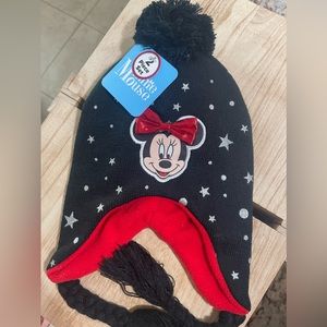 Minnie Girls Black and Red Beanie Hat Set New